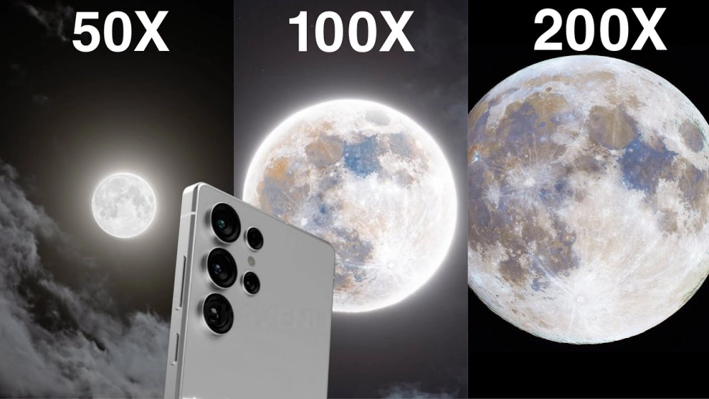 Ống kính zoom 200x chụp chi tiết mặt trăng từ điện thoại.